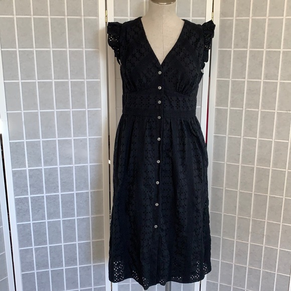 J Crew Black Cotton Eyelet Button Midi Dress Sz 10 - Picture 3 of 15